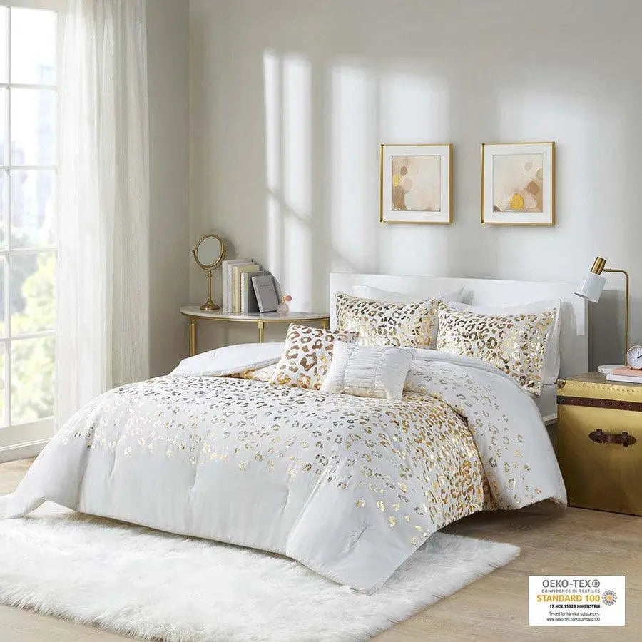 Lillie Transitional Metallic Animal Printed Comforter Set Ivory | Gold King/Cal King