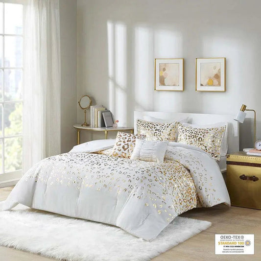 Lillie Transitional Metallic Animal Printed Comforter Set Ivory | Gold King/Cal King