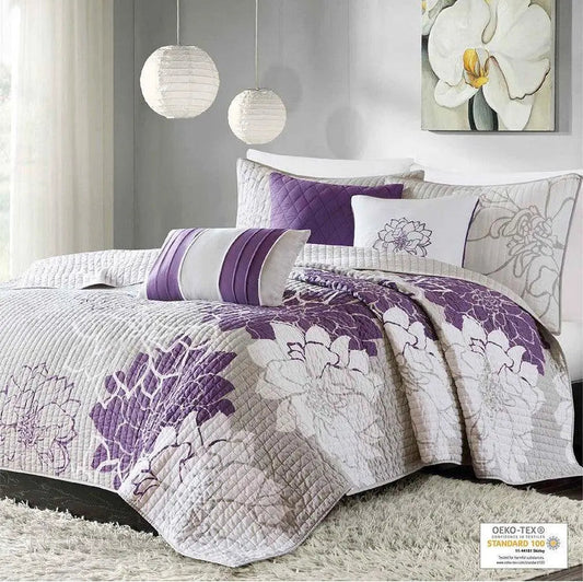Lola Full/Queen 6 Piece Reversible Cotton Printed Coverlet Set Purple