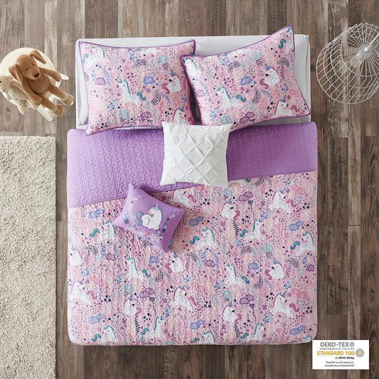Lola Twin Unicorn Cotton Reversible Coverlet Set Pink