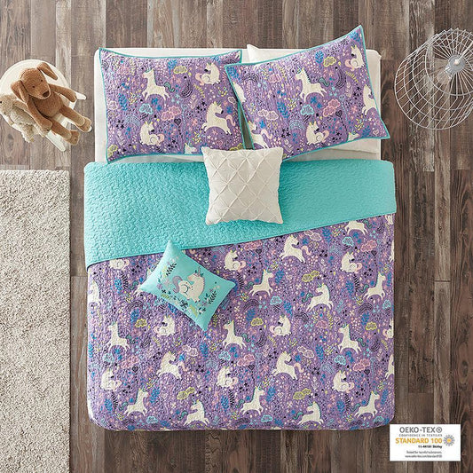 Lola Twin Unicorn Cotton Reversible Coverlet Set Purple
