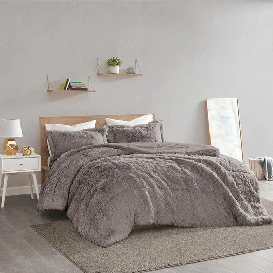 Malea Shabby Chic Shaggy Faux Fur Comforter Mini Set Gray Twin/Twin XL