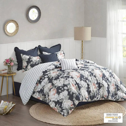 Mavis 8 Piece Shabby Chic Cotton Printed Reversible Comforter Set Dark Blue Cal King