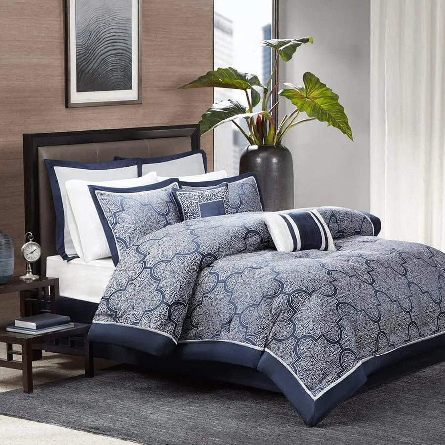 Medina 8 Piece Jacquard Comforter Set Navy