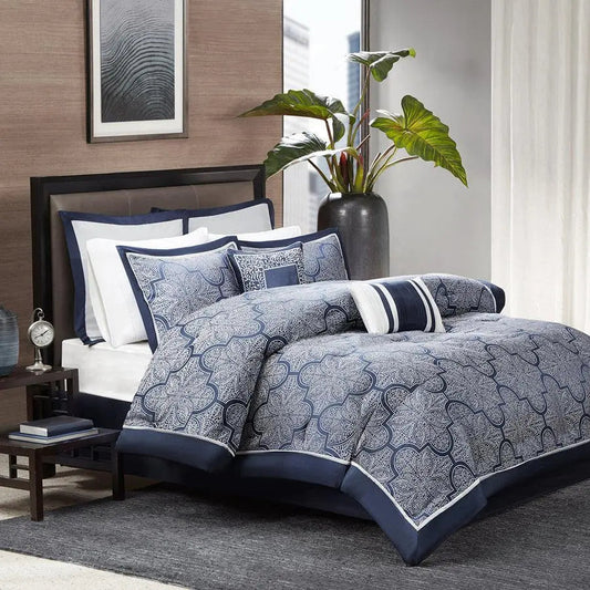 Medina 8 Piece Jacquard Comforter Set Navy