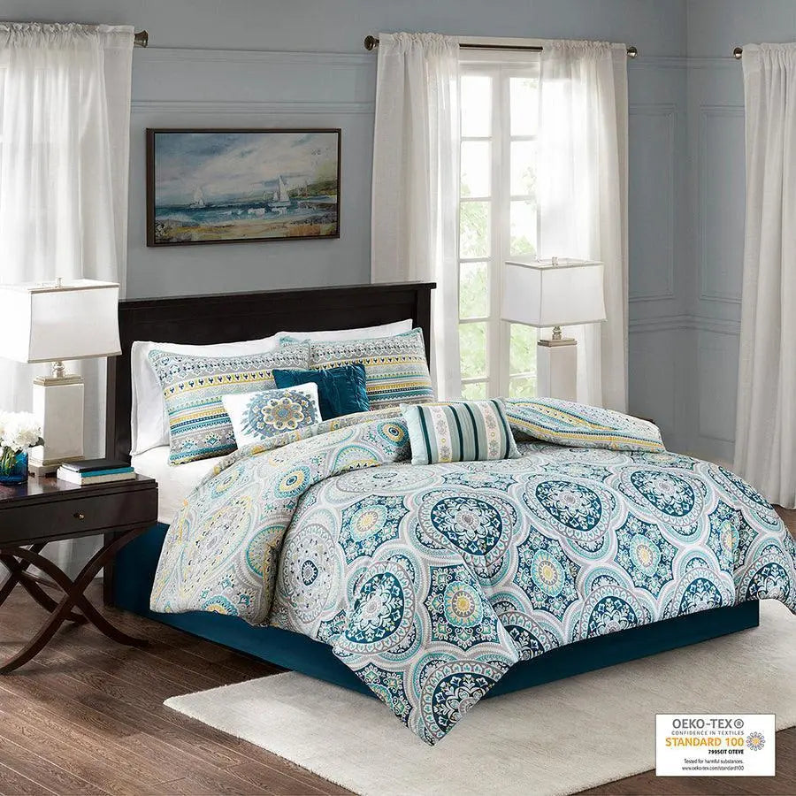 Mercia 7 Piece Reversible Cotton 26 " W Sateen Comforter Set Teal Queen