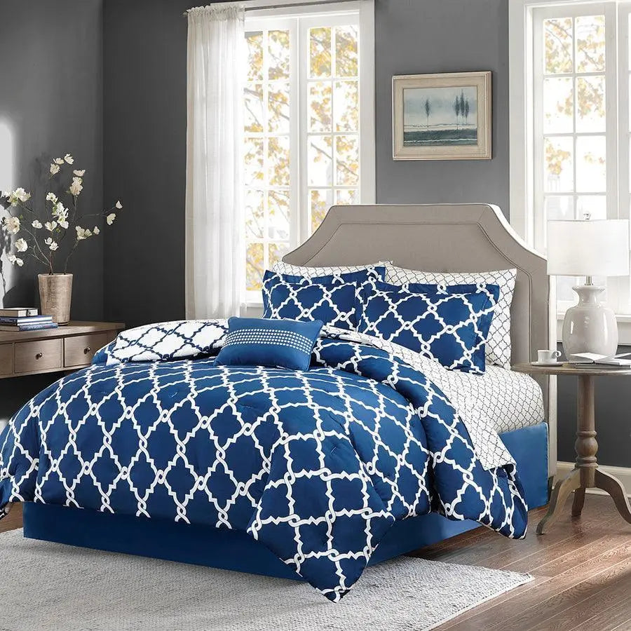 Merritt Full Reversible Comforter and Cotton Sheet Set Navy