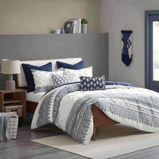 Mila Cotton Printed Comforter Set Navy King/Cal King