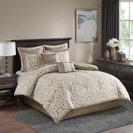 Odette 8 Piece 26 " W Jacquard Comforter Set Tan Queen