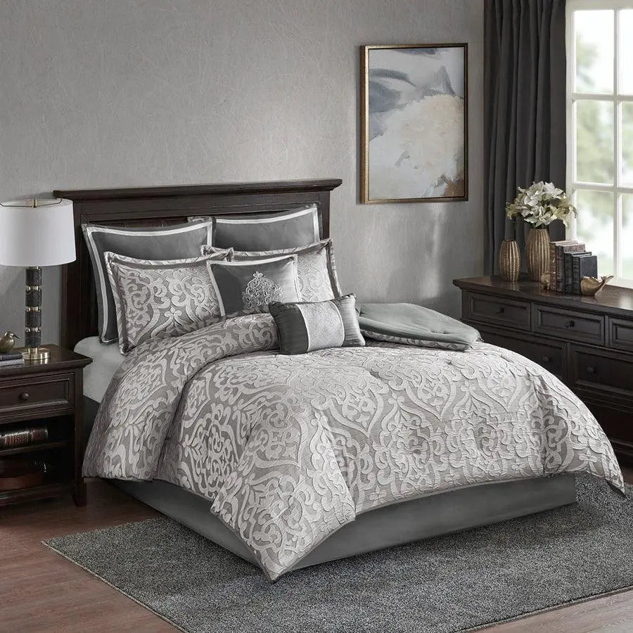 Odette Transitional 8 Piece Jacquard Comforter Set Silver Queen