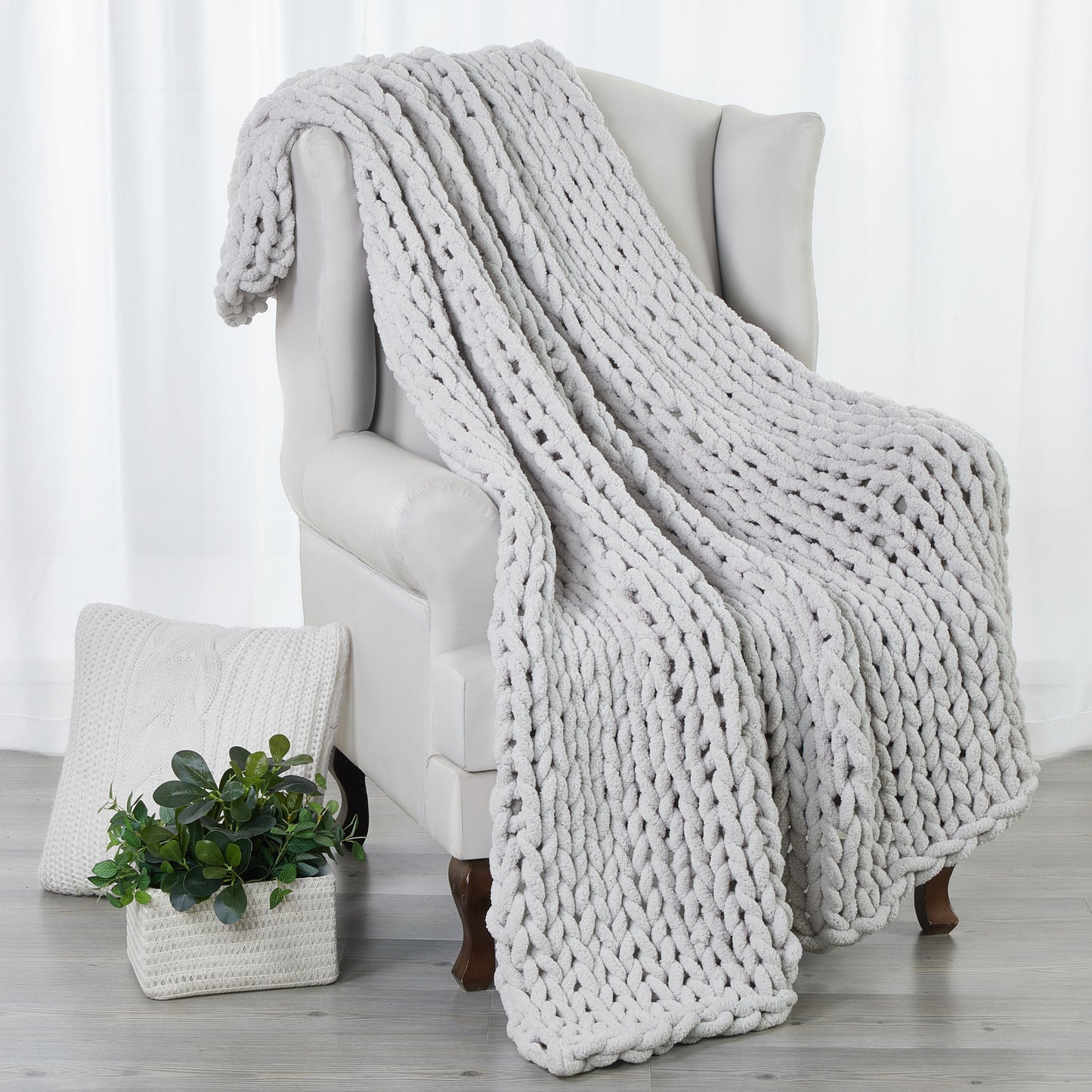 Light Grey Chenille Plush Throw