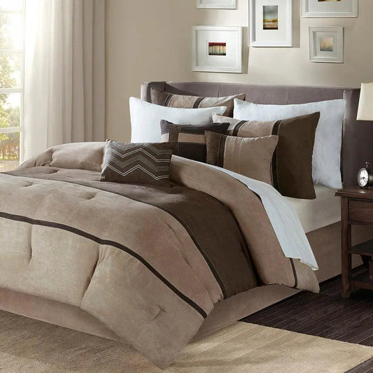 Palisades Casual| 7 Piece Faux Suede Comforter Set Brown Queen