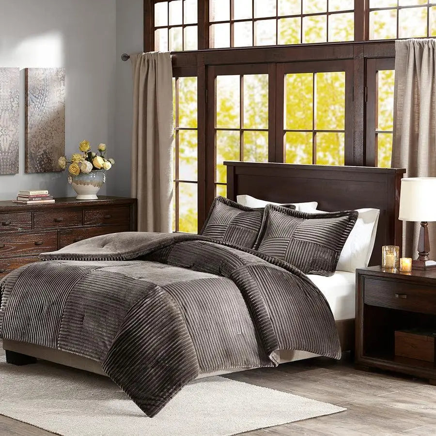Parker Full/Queen Corduroy Plush Comforter Mini Set Gray