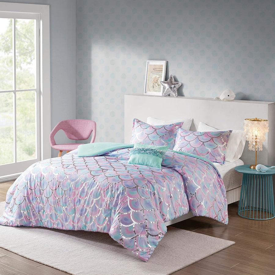 Pearl Metallic Printed Reversible Comforter Set Aqua & Purple Twin/Twin XL