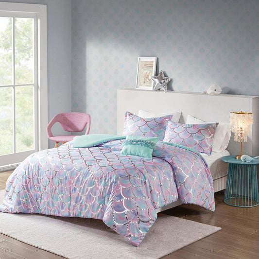 Pearl Metallic Printed Reversible Comforter Set Aqua & Purple Twin/Twin XL
