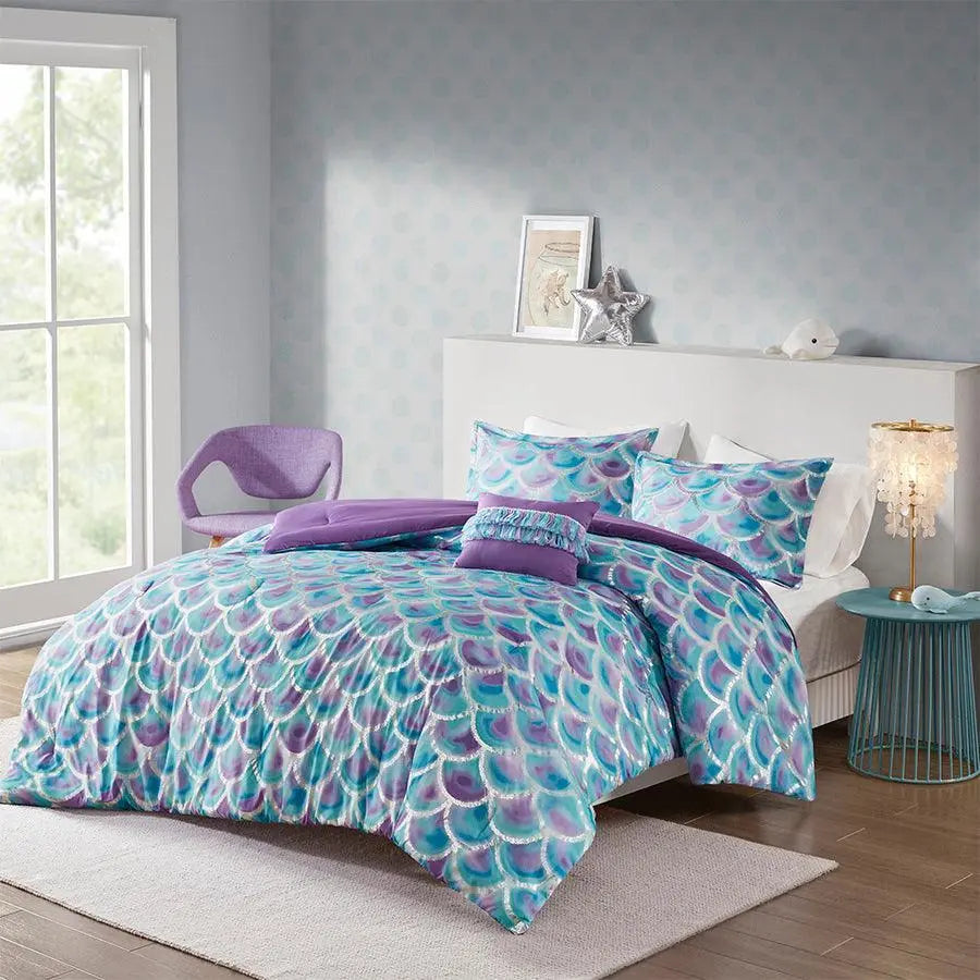 Pearl Metallic Printed Reversible Comforter Set Teal & Purple Full/Queen
