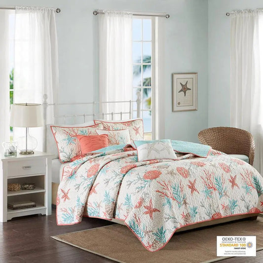 Pebble Full/Queen Beach 6 Piece Cotton Sateen Reversible Coverlet Set Coral