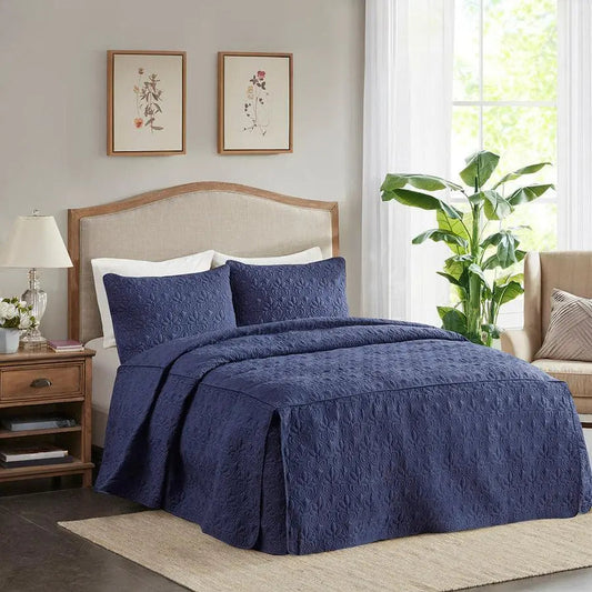 Quebec Queen 3 Piece Fitted Bedspread Set Navy