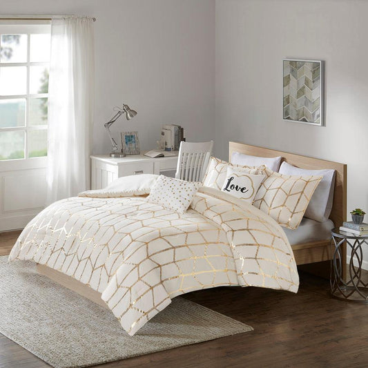 Raina Metallic Printed 20 " D Comforter Set Ivory & Gold Full/Queen