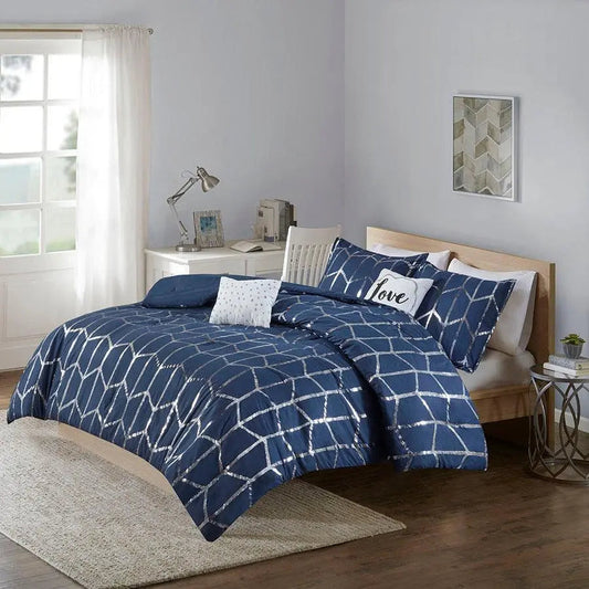 Raina Metallic Printed Comforter Set Navy & Silver Full/Queen