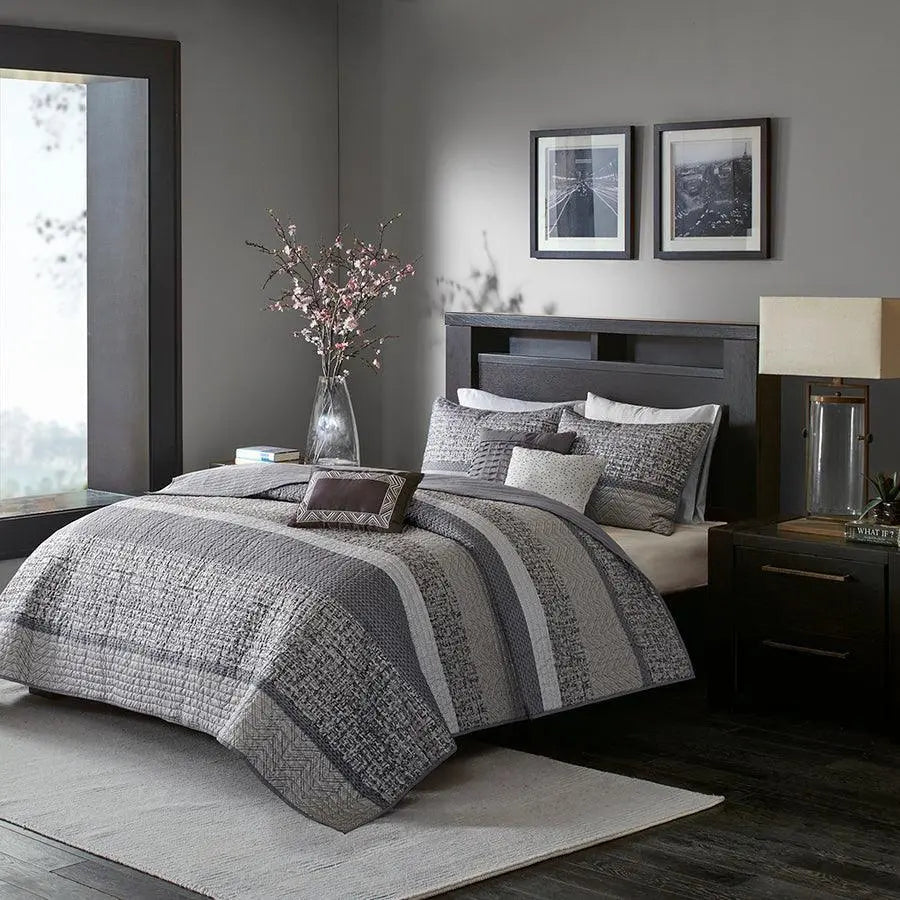 Rhapsody King/California King 6 Piece Reversible Jacquard Coverlet Set Gray & Taupe