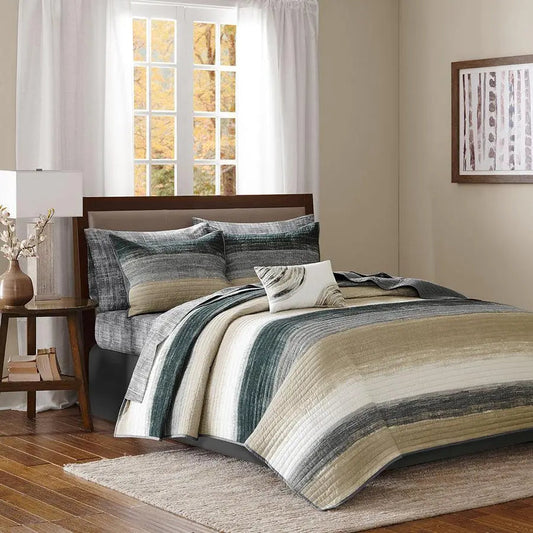 Saben Transitional Complete Reversible Coverlet and Cotton Sheet Set Cal King Taupe