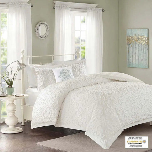 Sabrina 4 Piece Tufted Chenille Comforter Set White Full/Queen