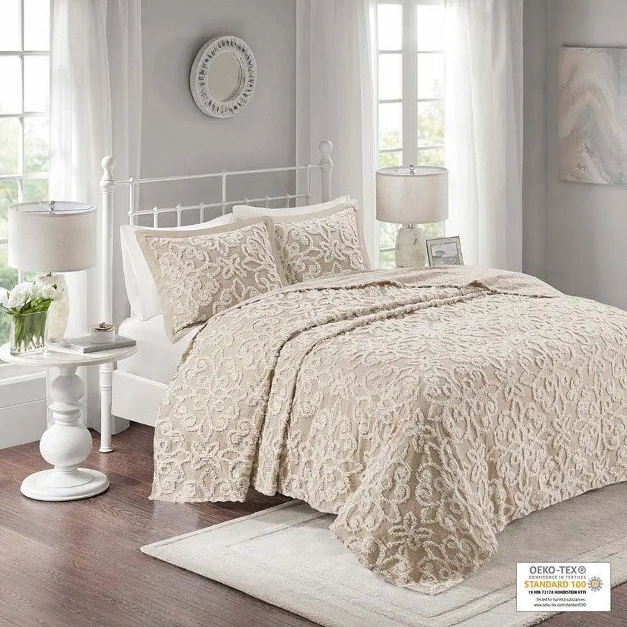 Sabrina Full/Queen 3 Piece Tufted Cotton Chenille Bedspread Set Taupe