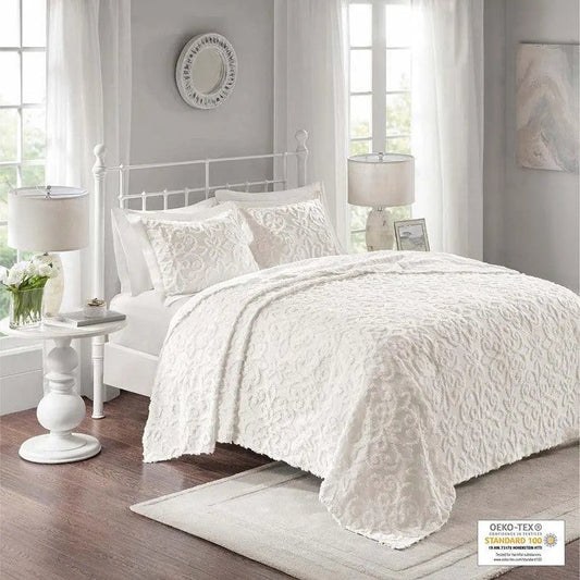 Sabrina King/California King 3 Piece Tufted Cotton Chenille Bedspread Set White