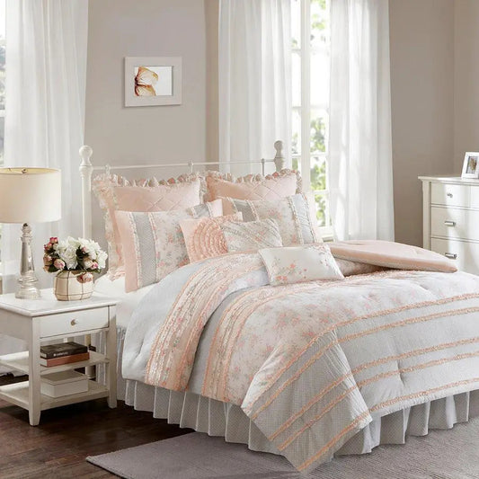 Serendipity Full Cotton Cottage & Country Percale Comforter Set Coral