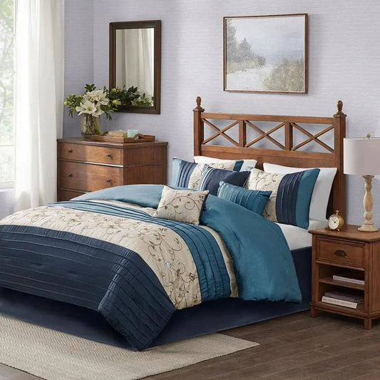 Serene Embroidered 7 Piece Comforter Set Navy Queen