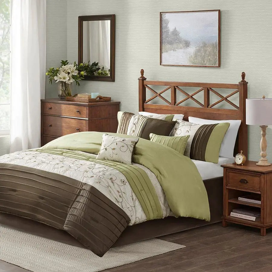 Serene Embroidered Transitional 7 Piece Comforter Set Green Queen