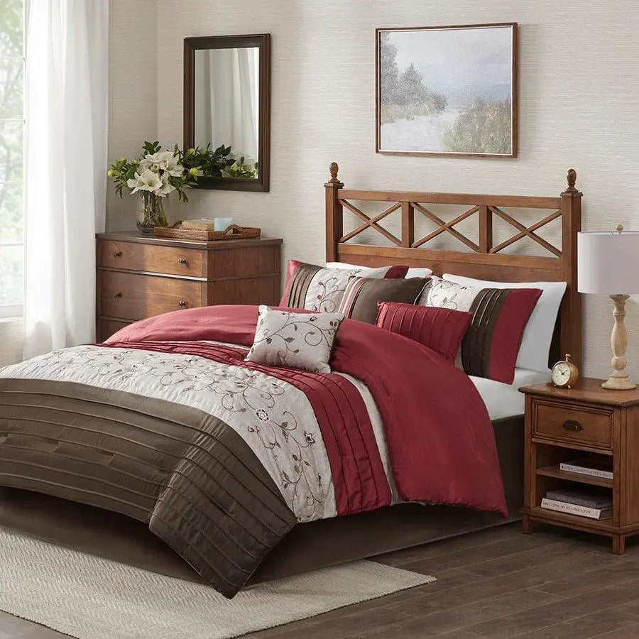 Serene Transitional Embroidered 7 Piece Comforter Set Red Cal King