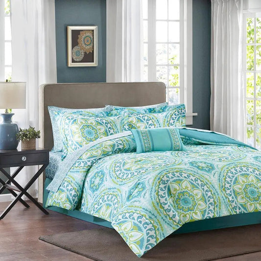 Serenity Complete Global Inspired Comforter and Cotton Sheet Set Aqua King