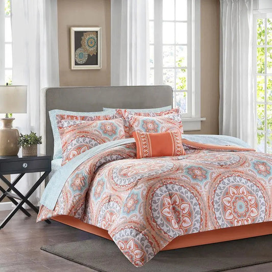Serenity Twin Complete Comforter and Cotton Sheet Set Coral