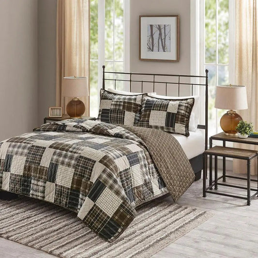 Timber King/California King 3 Piece Reversible Printed Coverlet Set Black & Brown