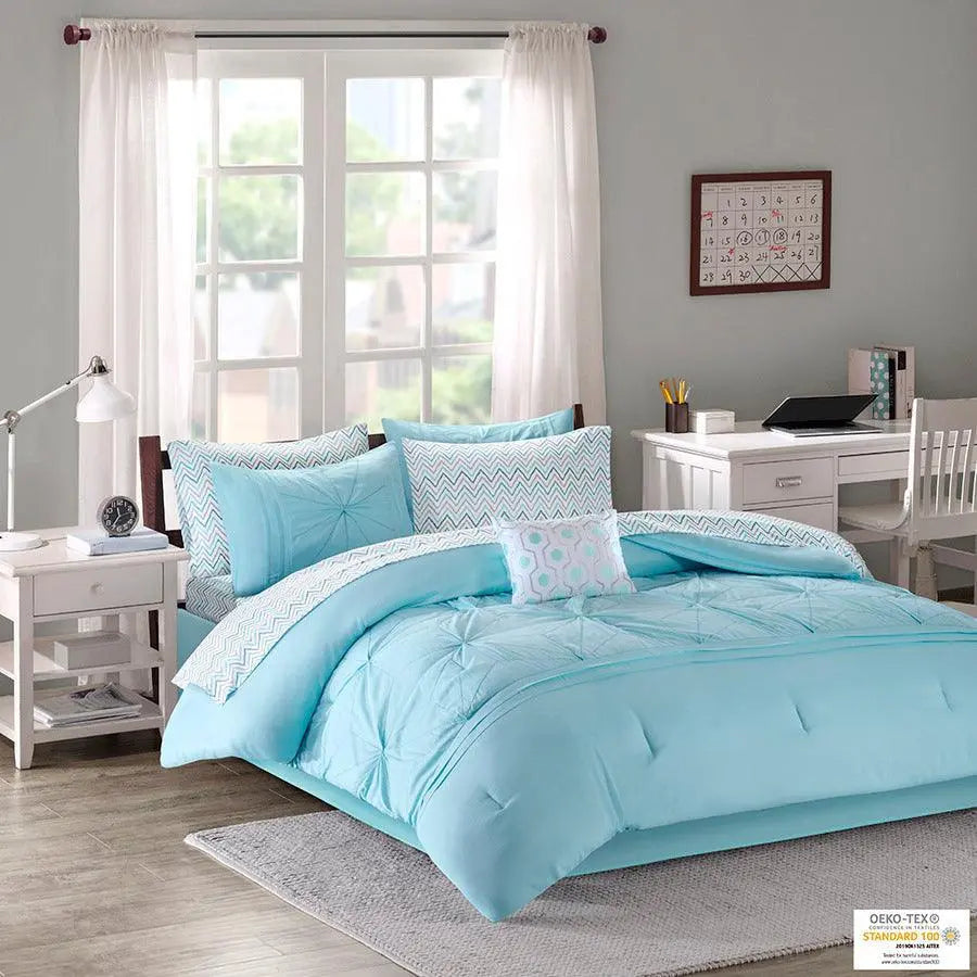 Toren Queen Casual Embroidered Comforter and Sheet Set Aqua