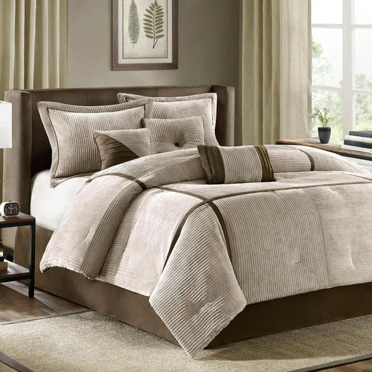 Transitional Queen Dallas 7 Piece Comforter Set Taupe
