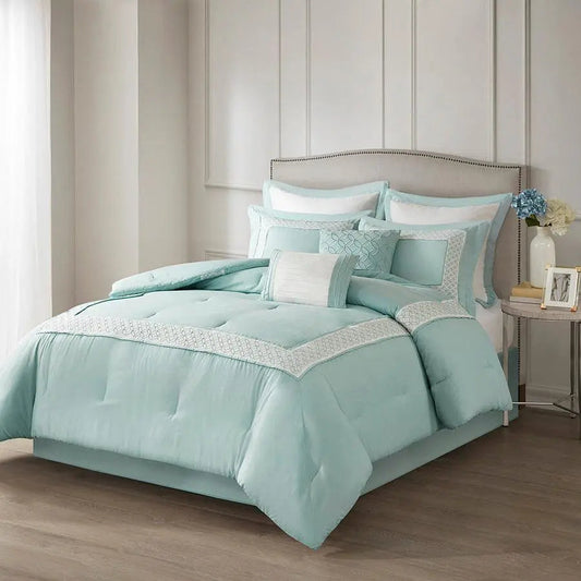 Transitional Queen Stratford 8 Piece Comforter Set Aqua
