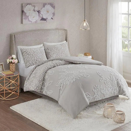 Veronica King/California King 3 Piece Tufted Cotton Chenille Floral Comforter Set Gray & White
