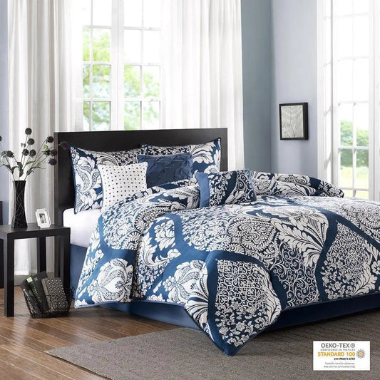 Vienna Queen 7 Piece Cotton Printed Comforter Set Indigo