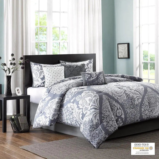 Vienna Shabby Chic| 7 Piece Cotton Printed Comforter Set Gray Cal King