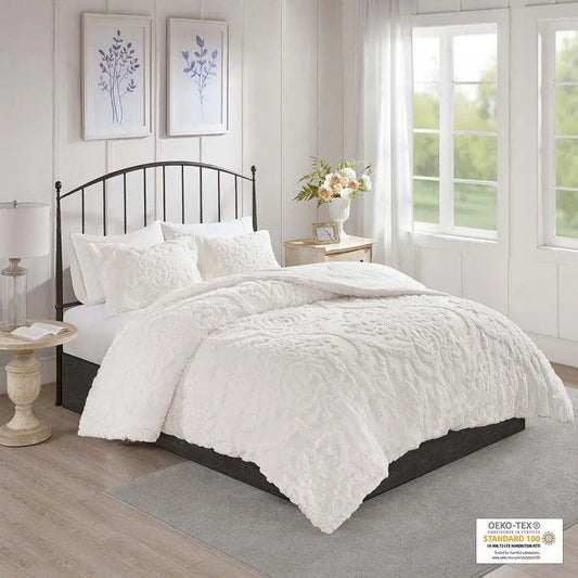 Viola 3 Piece Tufted Cotton Chenille Damask Comforter Set White King/Cal King