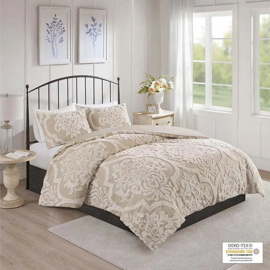 Viola Full/Queen 3 Piece Tufted Cotton Chenille Damask Comforter Set Taupe