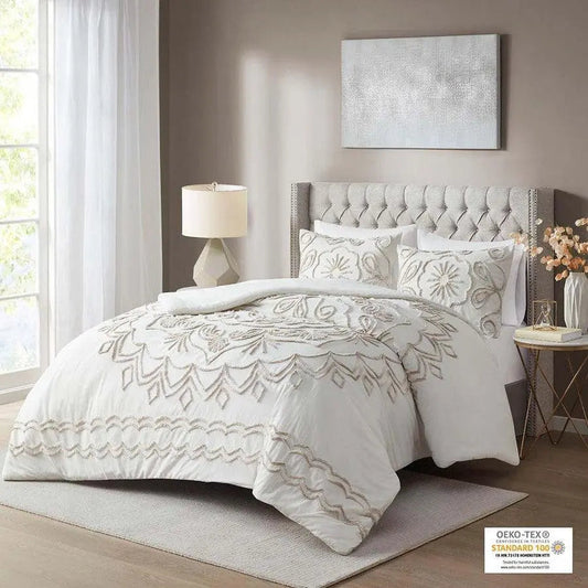 Violette Full/Queen 3 Piece Tufted Global Inspired Cotton Chenille Comforter Set Ivory & Taupe