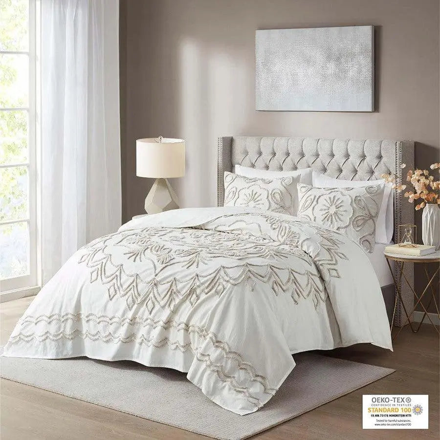 Violette King/California King 3 Piece Tufted Cotton Chenille Coverlet Set Ivory & Taupe