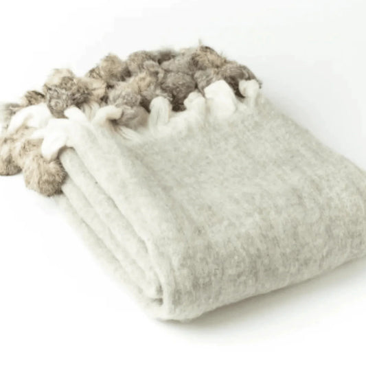 Wool Blend Mohair Trimmed Throw with Pom Poms - Throw Blankets - The Well Appointed House